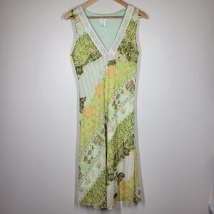 Vintage Y2K Khaki Krew Green Brown Floral Stripe Babydoll Midi Dress Large